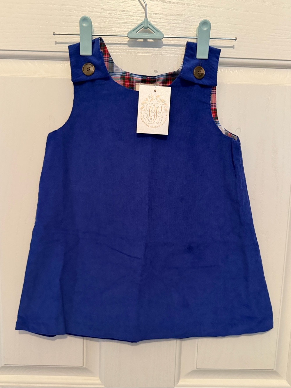 NWT Beaufort Bonnet Company Girls Royal Blue Pinafore Dress Button Straps Plaid